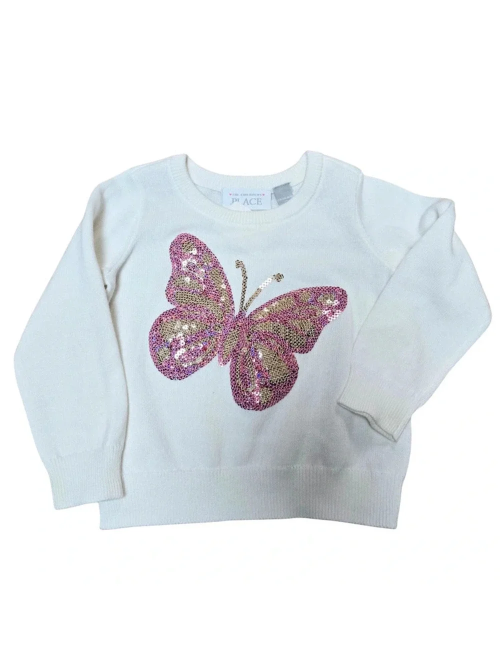 The Children’s Place Girls Butterfly Sequin Sweater 3-6M White Pink Gold Sparkle